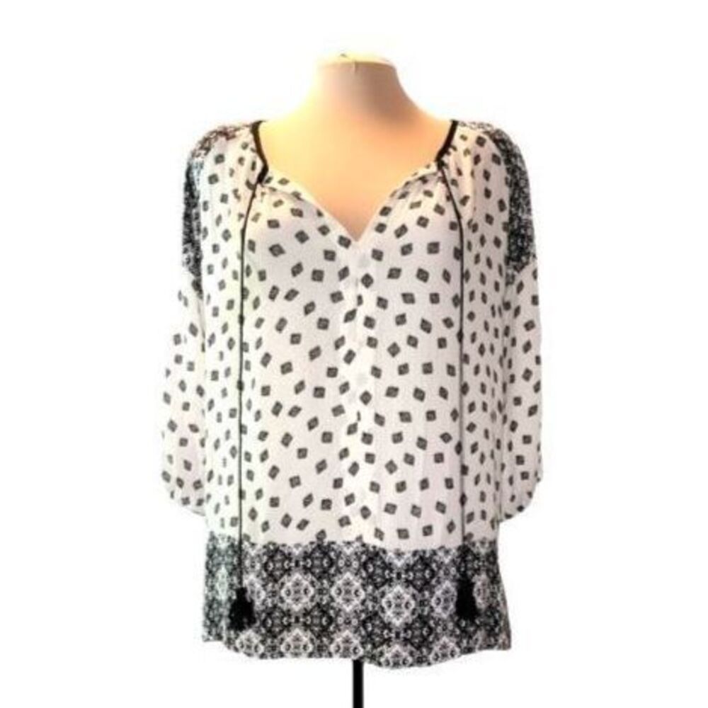Anthropologie W5‎ Black and Off White Long Sleeve Tassel Blouse Size L